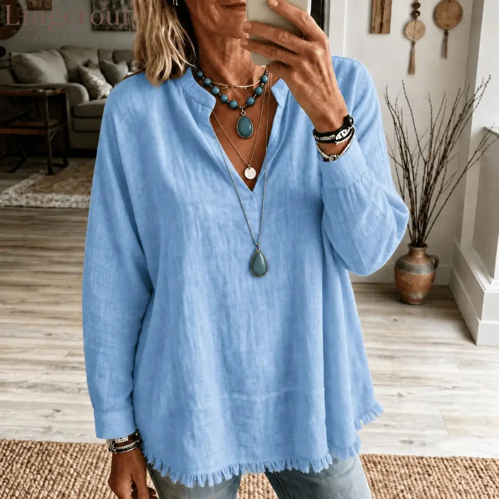 Linen Blend V‑Notch Stand Collar Fringe Hem Blouse - Sky blue / S