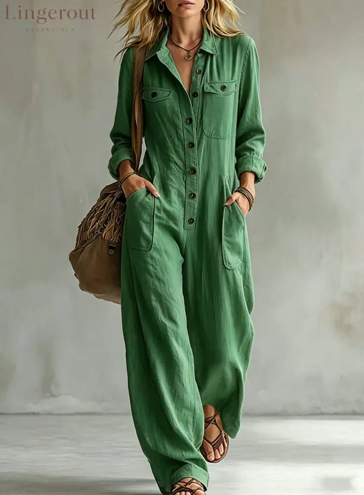 2026 Cross-Border Women’S Workwear Linen Jumpsuit Lapel Long-Sleeved Wide-Leg Jumpsuit Loose Vacation Overalls - Green