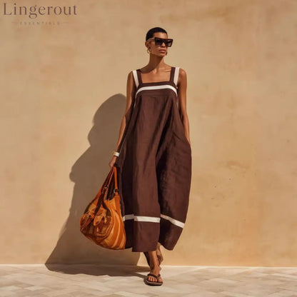 Linen Contrast White Stripe Square Neck Midi Skirt Set