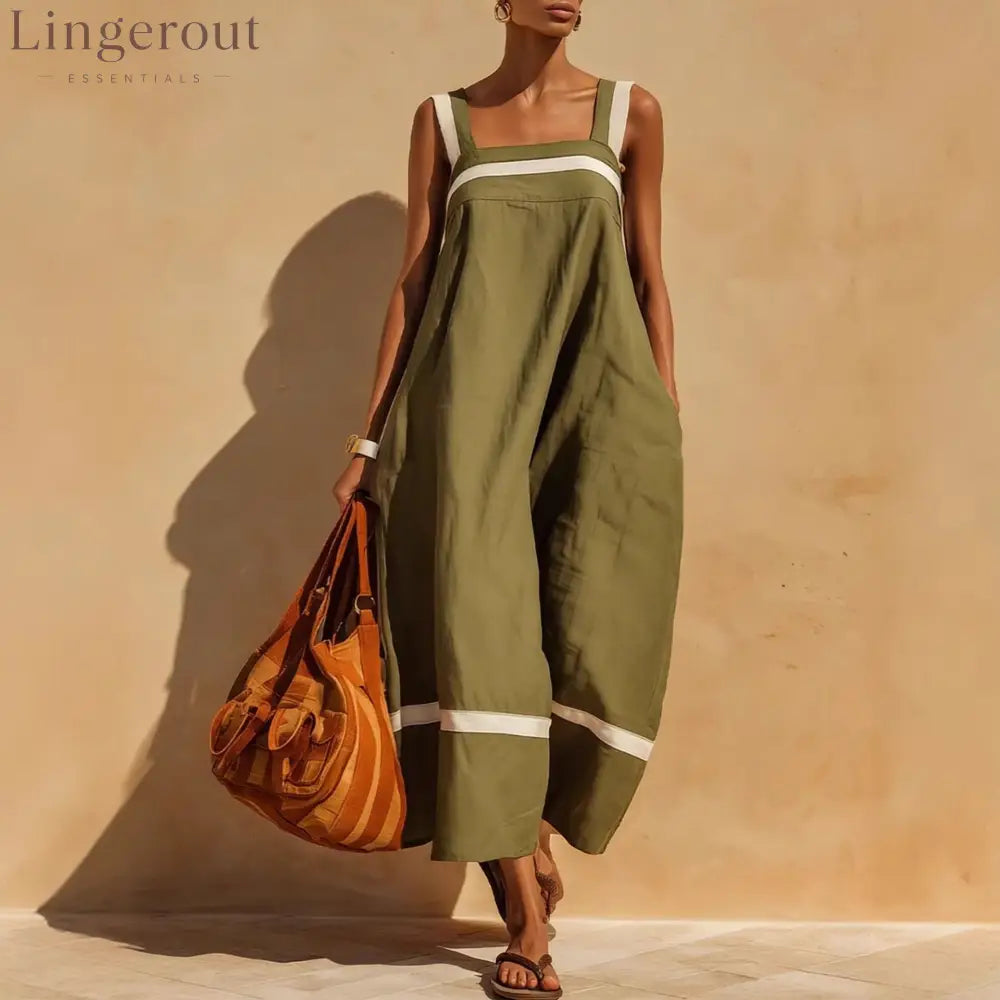 Linen Contrast White Stripe Square Neck Midi Skirt Set