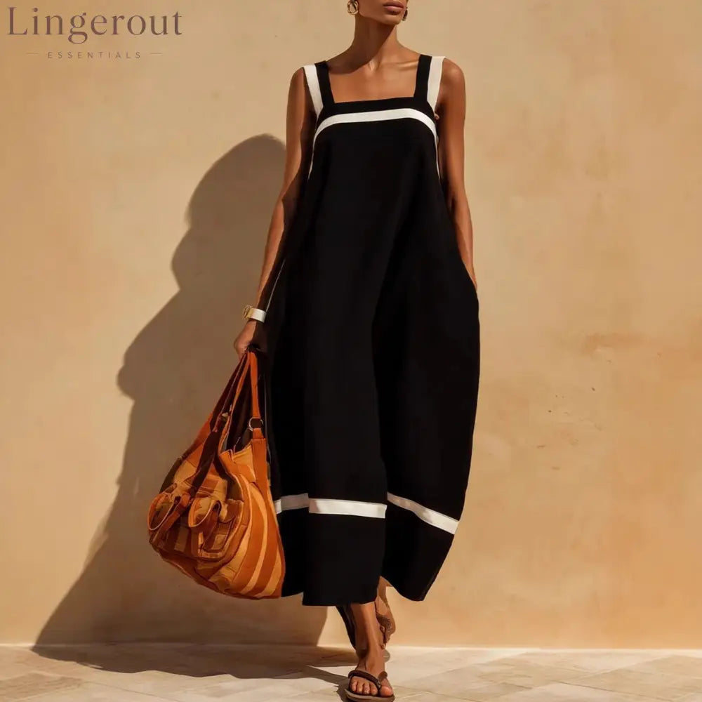 Linen Contrast White Stripe Square Neck Midi Skirt Set