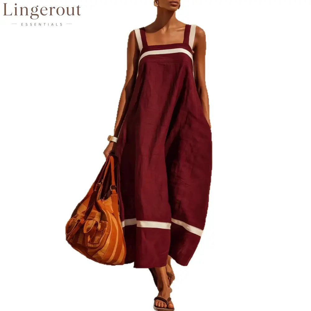 Linen Contrast White Stripe Square Neck Midi Skirt Set