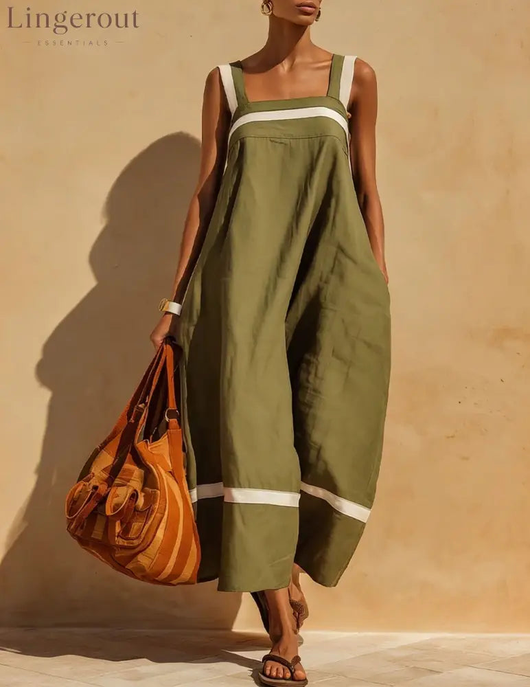 Linen Contrast White Stripe Square Neck Midi Skirt Set - Army green / S