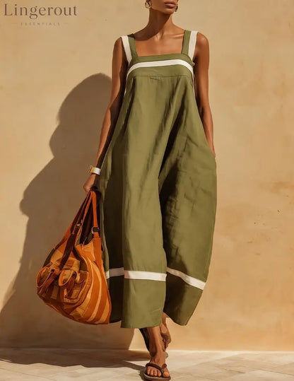 Linen Contrast White Stripe Square Neck Midi Skirt Set - Army green / S