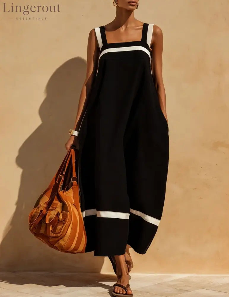 Linen Contrast White Stripe Square Neck Midi Skirt Set - Black / S