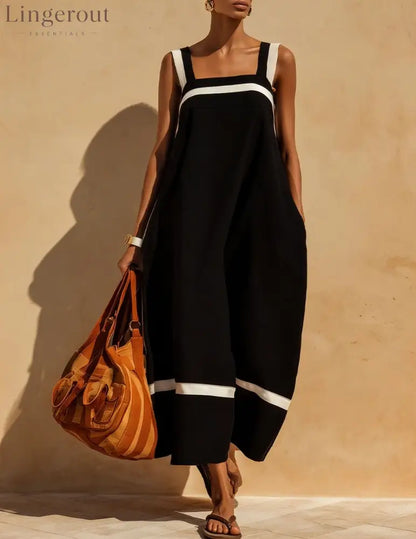 Linen Contrast White Stripe Square Neck Midi Skirt Set - Black / S