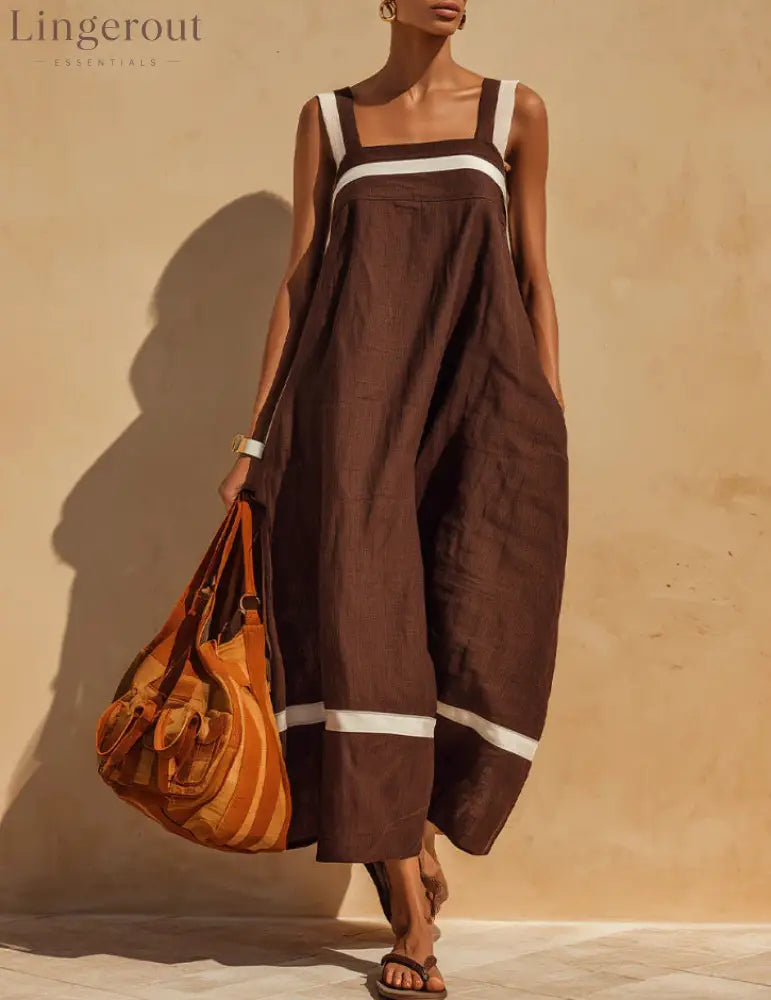 Linen Contrast White Stripe Square Neck Midi Skirt Set - Dark brown / S