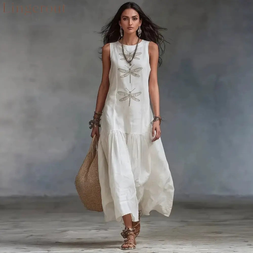 Linen Dragonfly Embroidery Sleeveless Tiered Maxi Dress