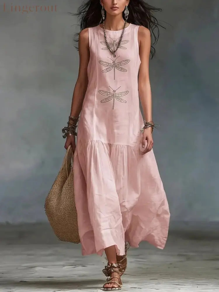 Linen Dragonfly Embroidery Sleeveless Tiered Maxi Dress - Pink / S