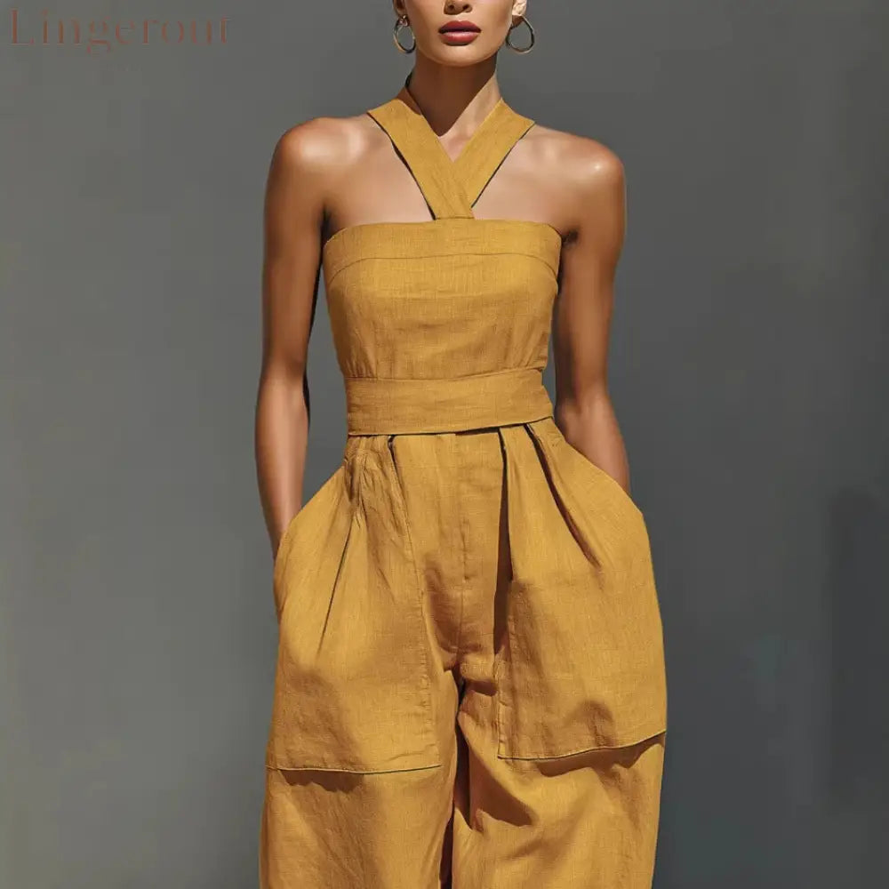Linen Halter Wide Leg Pocketed Jumpsuit