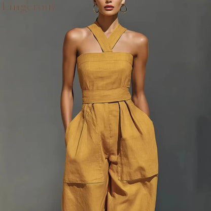 Linen Halter Wide Leg Pocketed Jumpsuit