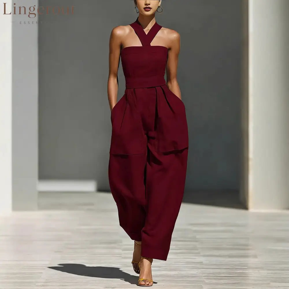 Linen Halter Wide Leg Pocketed Jumpsuit