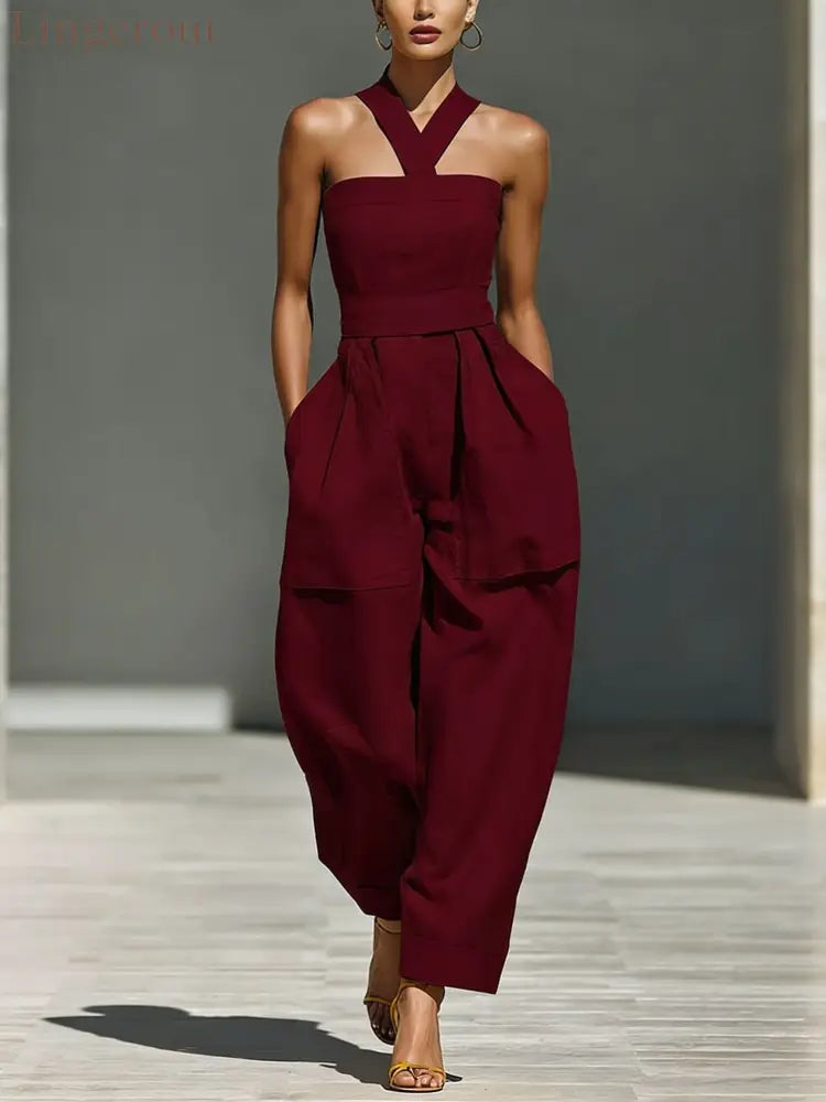 Linen Halter Wide Leg Pocketed Jumpsuit - Claret / S