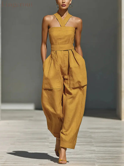 Linen Halter Wide Leg Pocketed Jumpsuit - Sunflower color / S