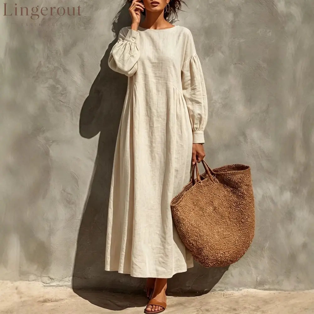 Linen Round Neck Balloon Sleeve Side Gather Midi Tent Dress