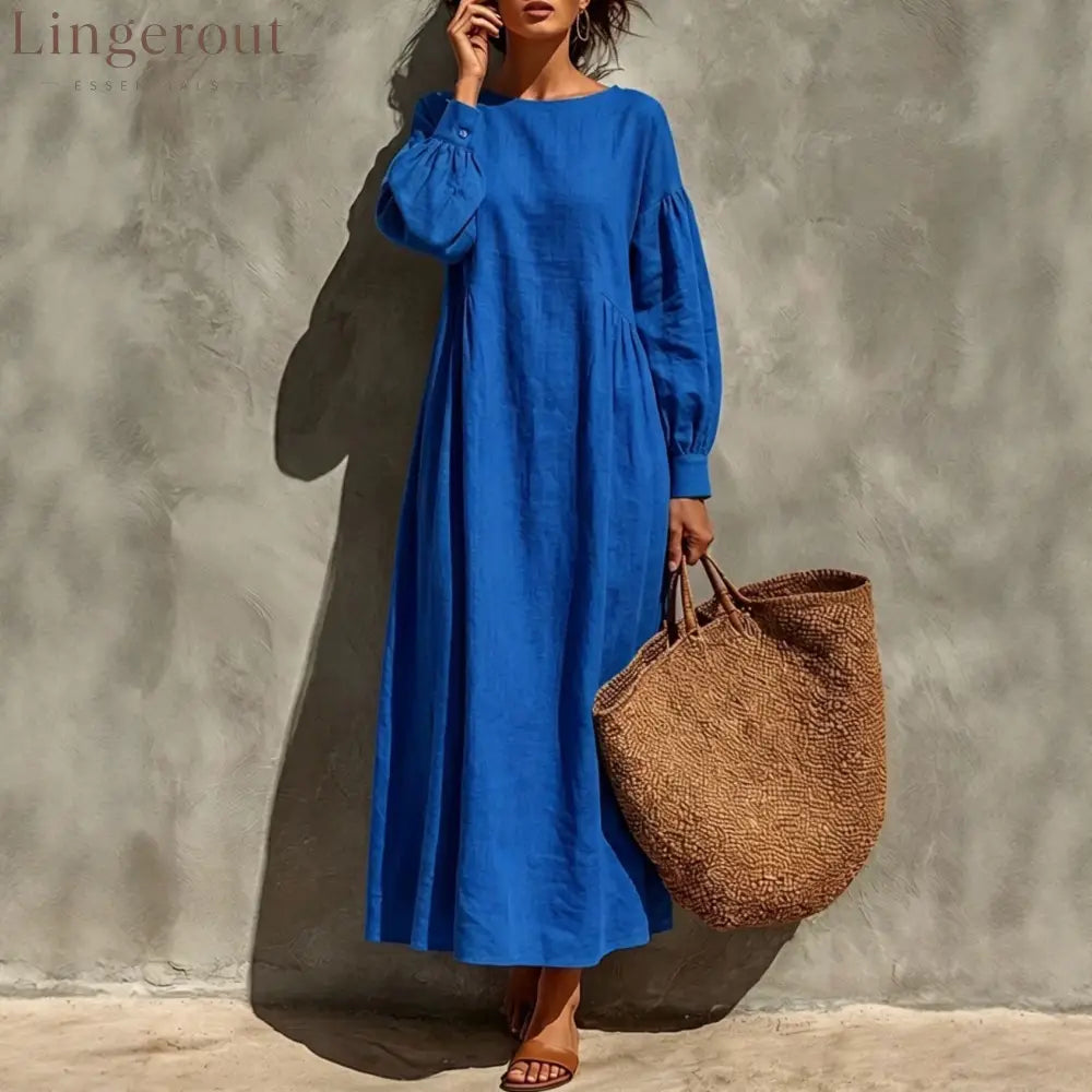 Linen Round Neck Balloon Sleeve Side Gather Midi Tent Dress