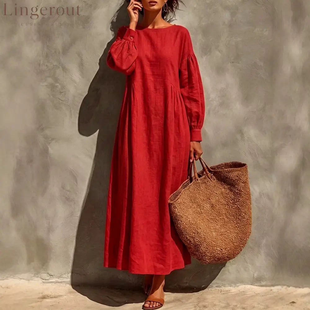 Linen Round Neck Balloon Sleeve Side Gather Midi Tent Dress