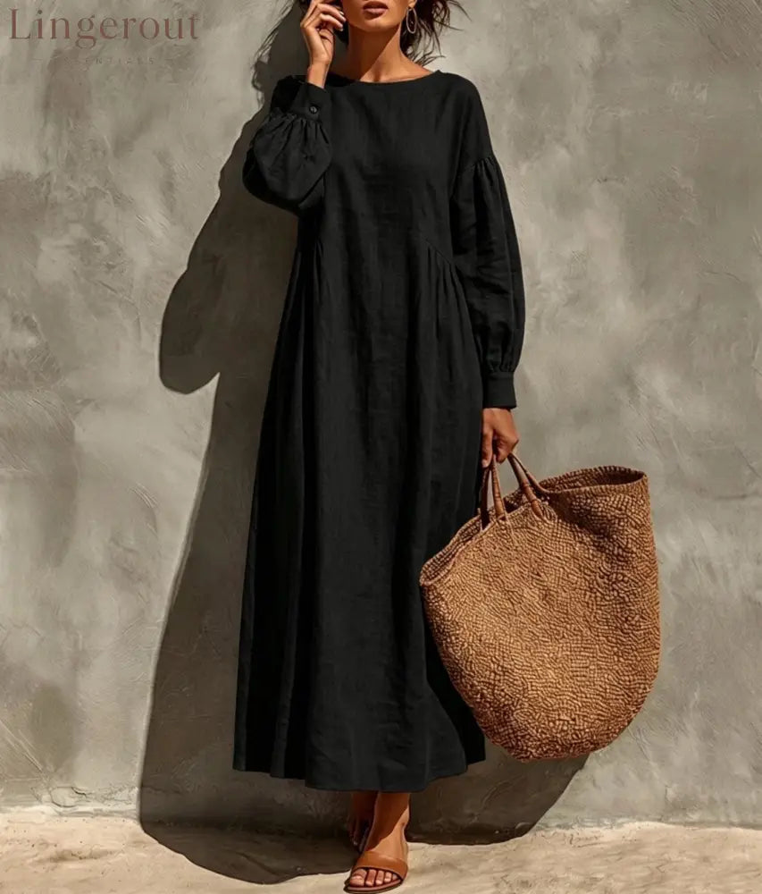 Linen Round Neck Balloon Sleeve Side Gather Midi Tent Dress - Black / S