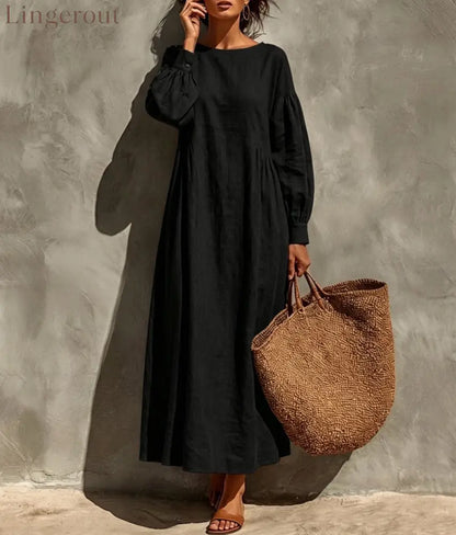 Linen Round Neck Balloon Sleeve Side Gather Midi Tent Dress - Black / S
