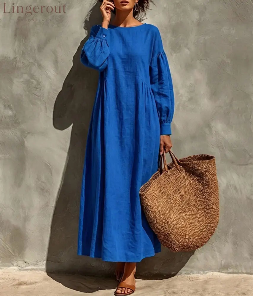 Linen Round Neck Balloon Sleeve Side Gather Midi Tent Dress - Blue / S