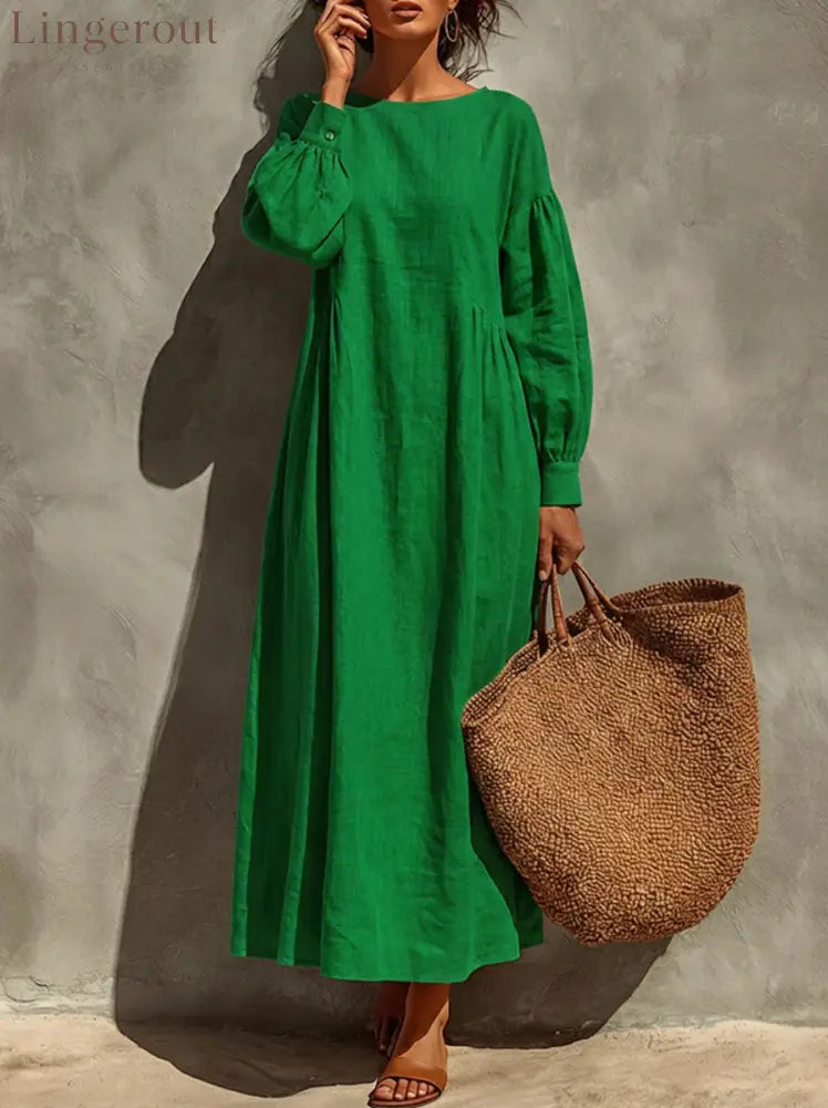 Linen Round Neck Balloon Sleeve Side Gather Midi Tent Dress - Green / S