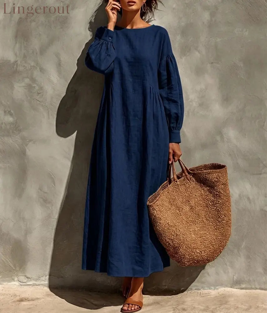 Linen Round Neck Balloon Sleeve Side Gather Midi Tent Dress - Navy blue / S
