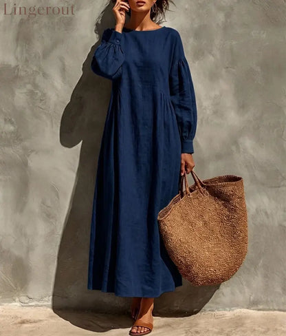 Linen Round Neck Balloon Sleeve Side Gather Midi Tent Dress - Navy blue / S