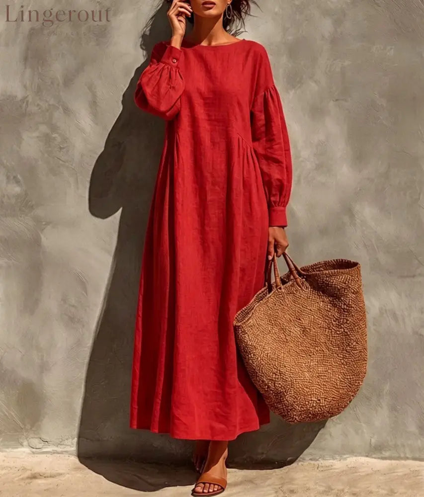 Linen Round Neck Balloon Sleeve Side Gather Midi Tent Dress - Red / S