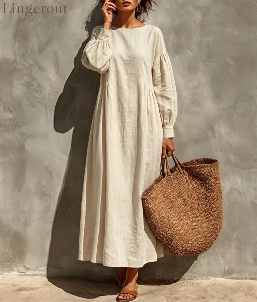 Linen Round Neck Balloon Sleeve Side Gather Midi Tent Dress - White / S