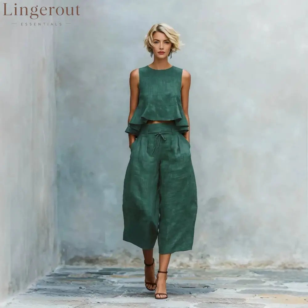 Linen Ruffle Crop Top Tie Waist Culotte Two Piece Set