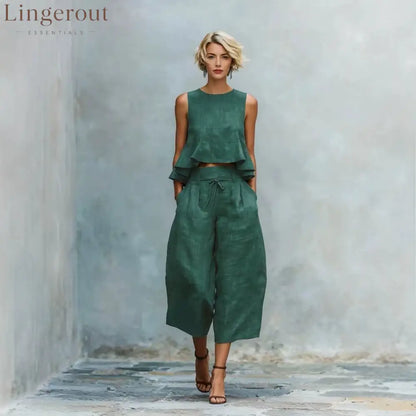 Linen Ruffle Crop Top Tie Waist Culotte Two Piece Set