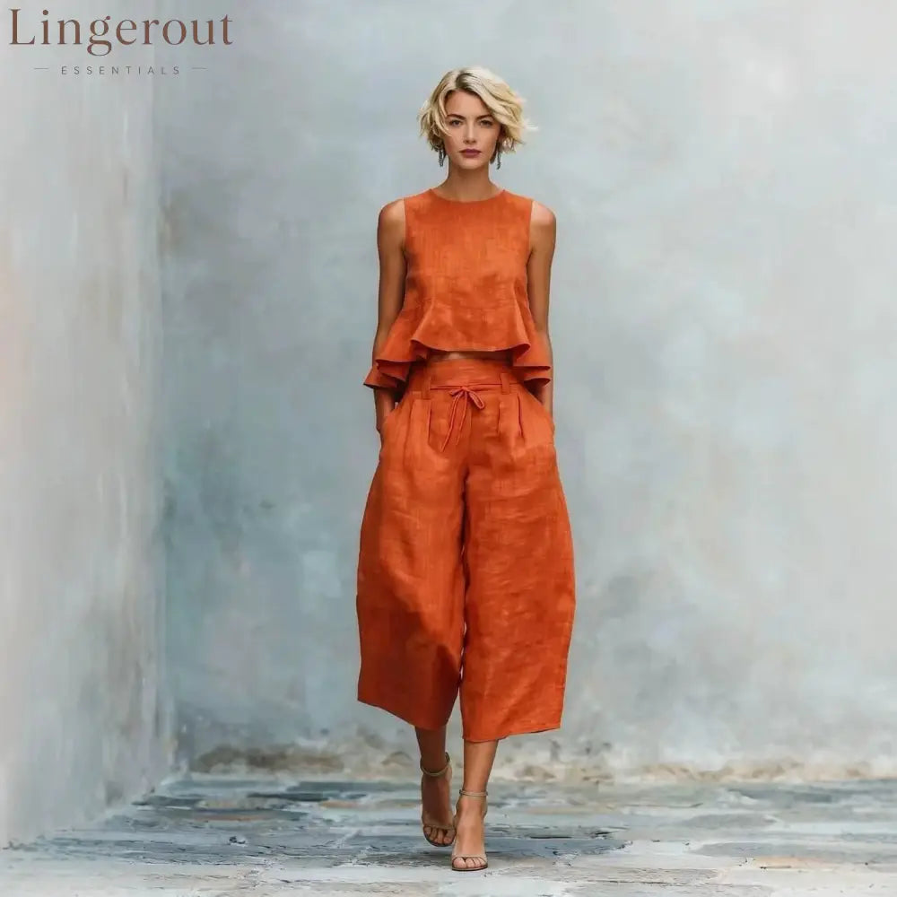 Linen Ruffle Crop Top Tie Waist Culotte Two Piece Set