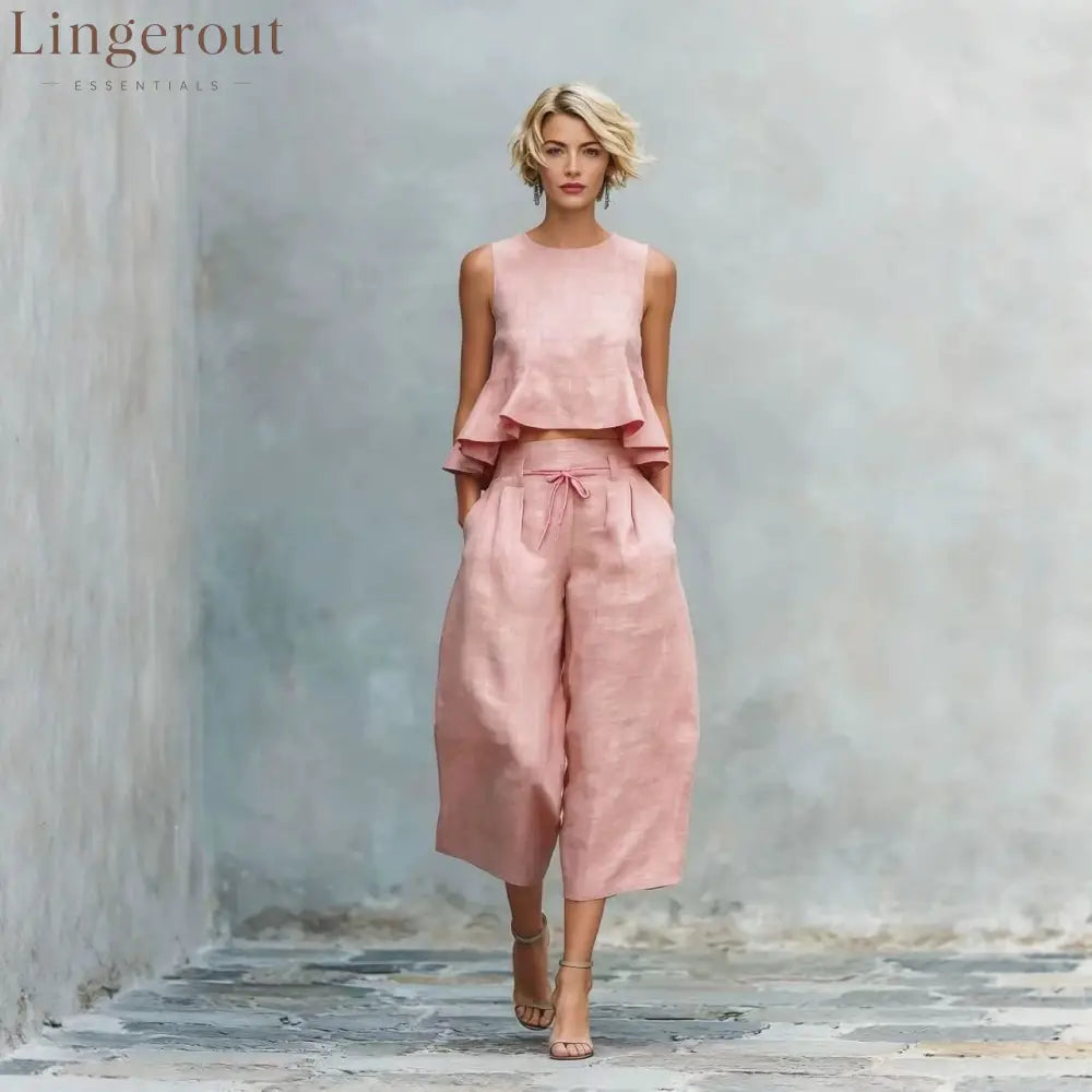 Linen Ruffle Crop Top Tie Waist Culotte Two Piece Set