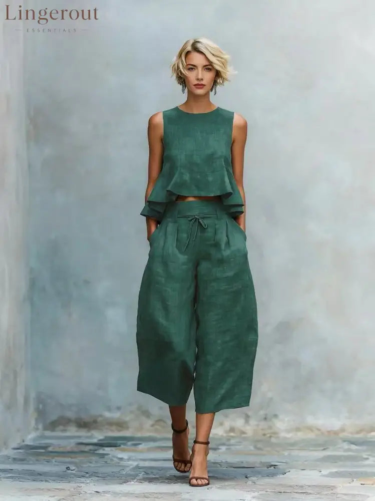 Linen Ruffle Crop Top Tie Waist Culotte Two Piece Set - Dark green / S