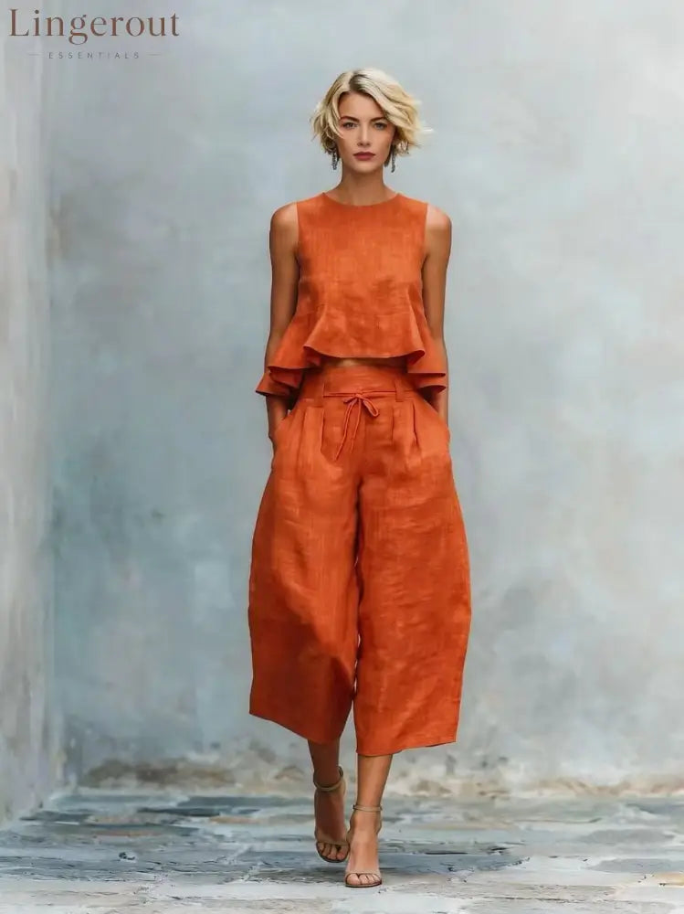 Linen Ruffle Crop Top Tie Waist Culotte Two Piece Set - Orange red / S