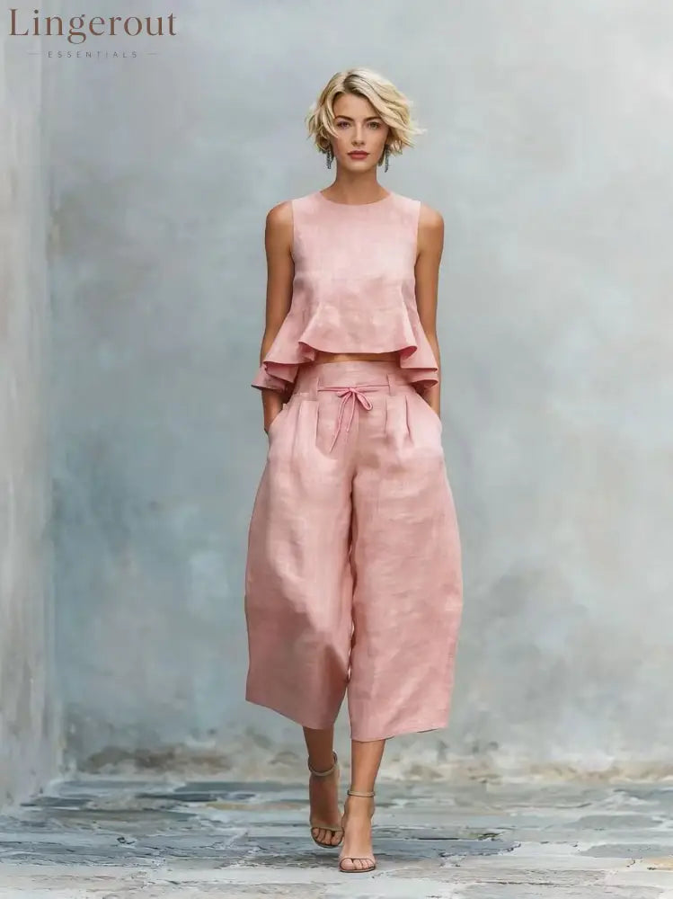 Linen Ruffle Crop Top Tie Waist Culotte Two Piece Set - Pink / S