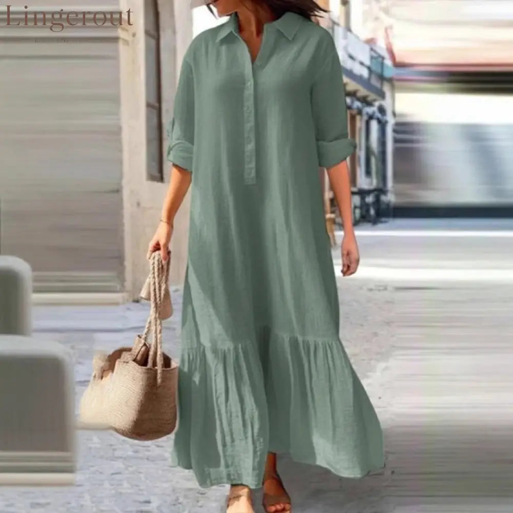 Linen Ruffle Hem Maxi Shirt Dress