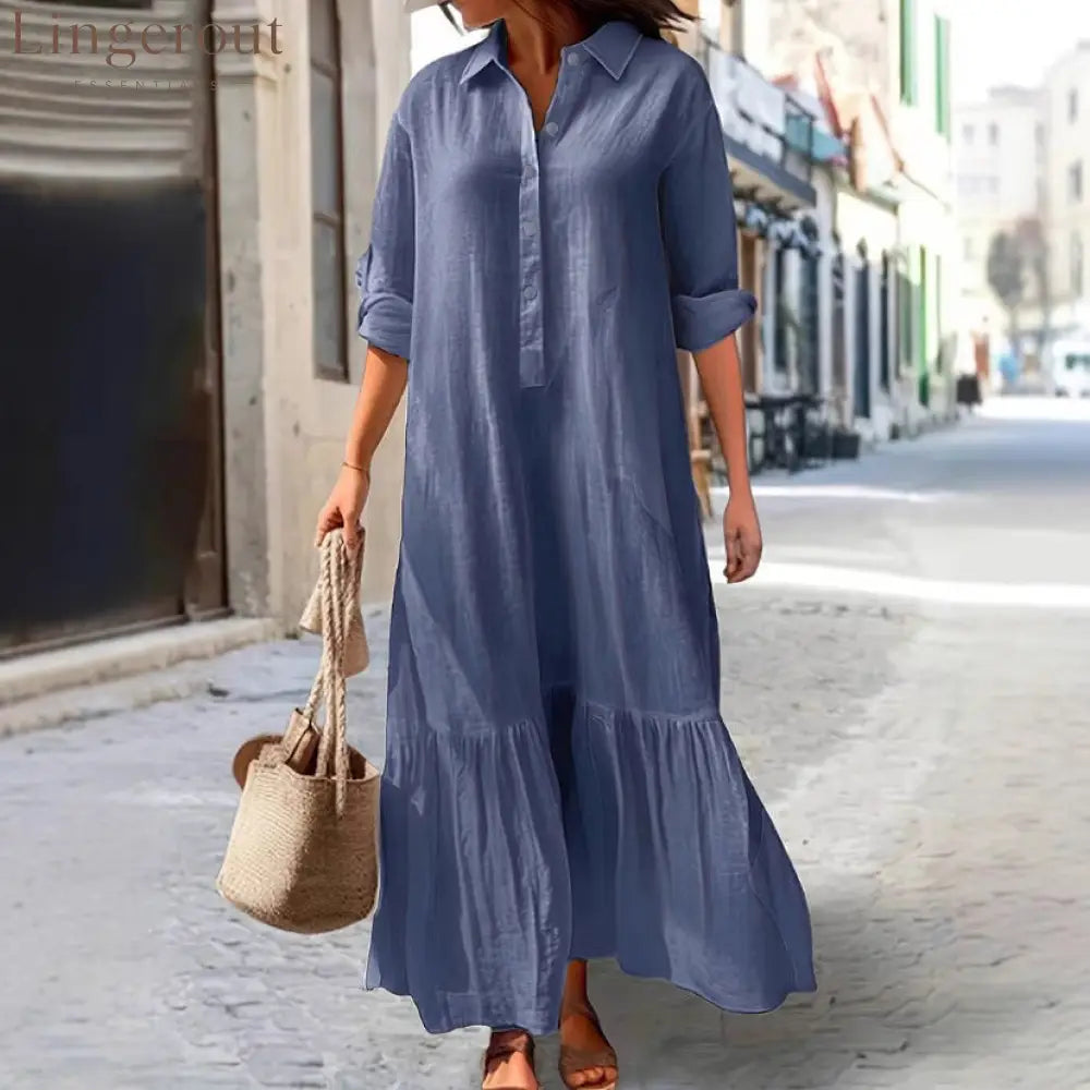 Linen Ruffle Hem Maxi Shirt Dress