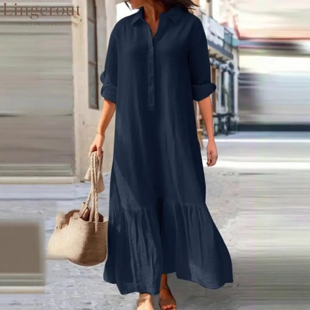 Linen Ruffle Hem Maxi Shirt Dress