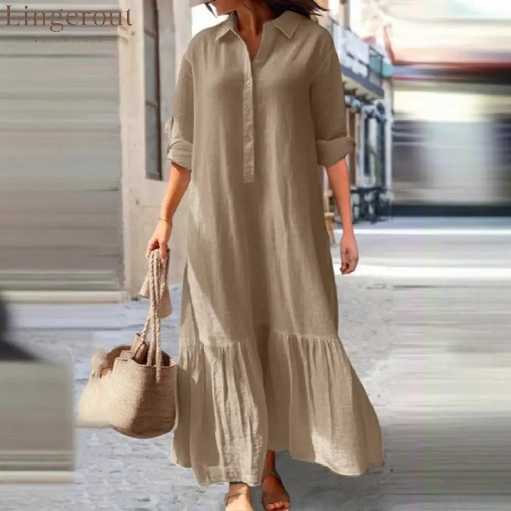 Linen Ruffle Hem Maxi Shirt Dress