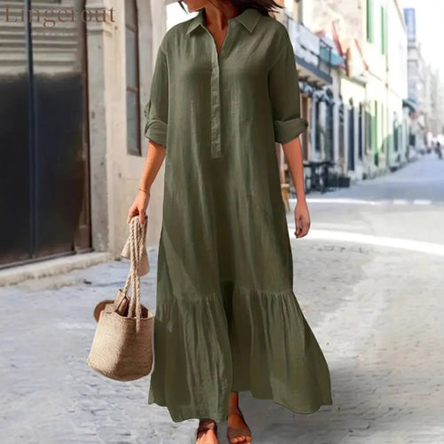 Linen Ruffle Hem Maxi Shirt Dress