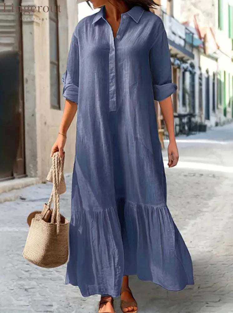 Linen Ruffle Hem Maxi Shirt Dress - Baby blue / S