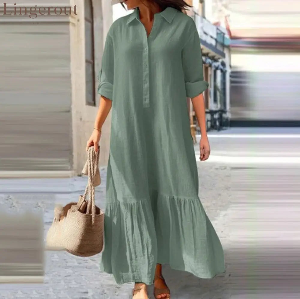 Linen Ruffle Hem Maxi Shirt Dress - Green / S