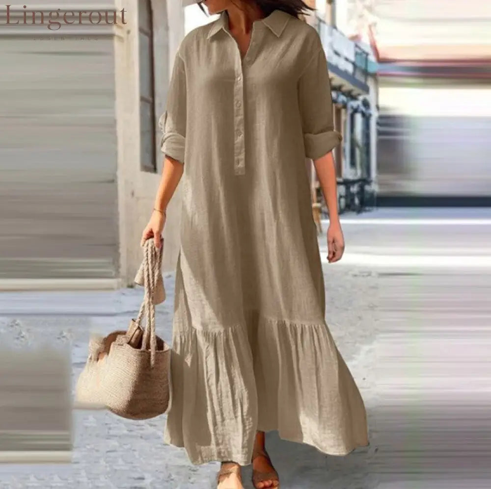 Linen Ruffle Hem Maxi Shirt Dress - Khaki / S