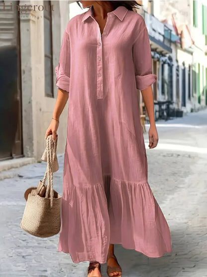Linen Ruffle Hem Maxi Shirt Dress - Pink / S