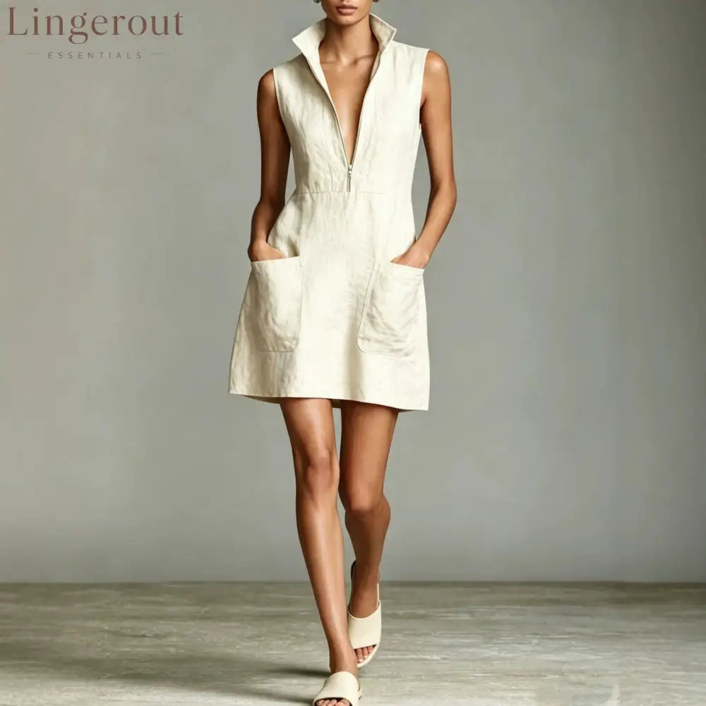 Linen Stand Collar Half Zip Sleeveless Pocket Mini Shift Dress