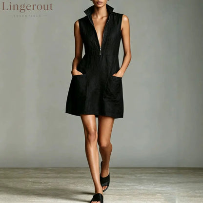 Linen Stand Collar Half Zip Sleeveless Pocket Mini Shift Dress