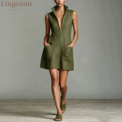 Linen Stand Collar Half Zip Sleeveless Pocket Mini Shift Dress