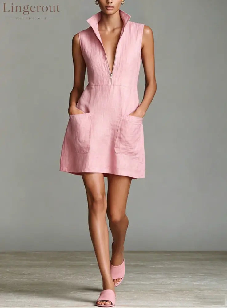 Linen Stand Collar Half Zip Sleeveless Pocket Mini Shift Dress - Pink / S