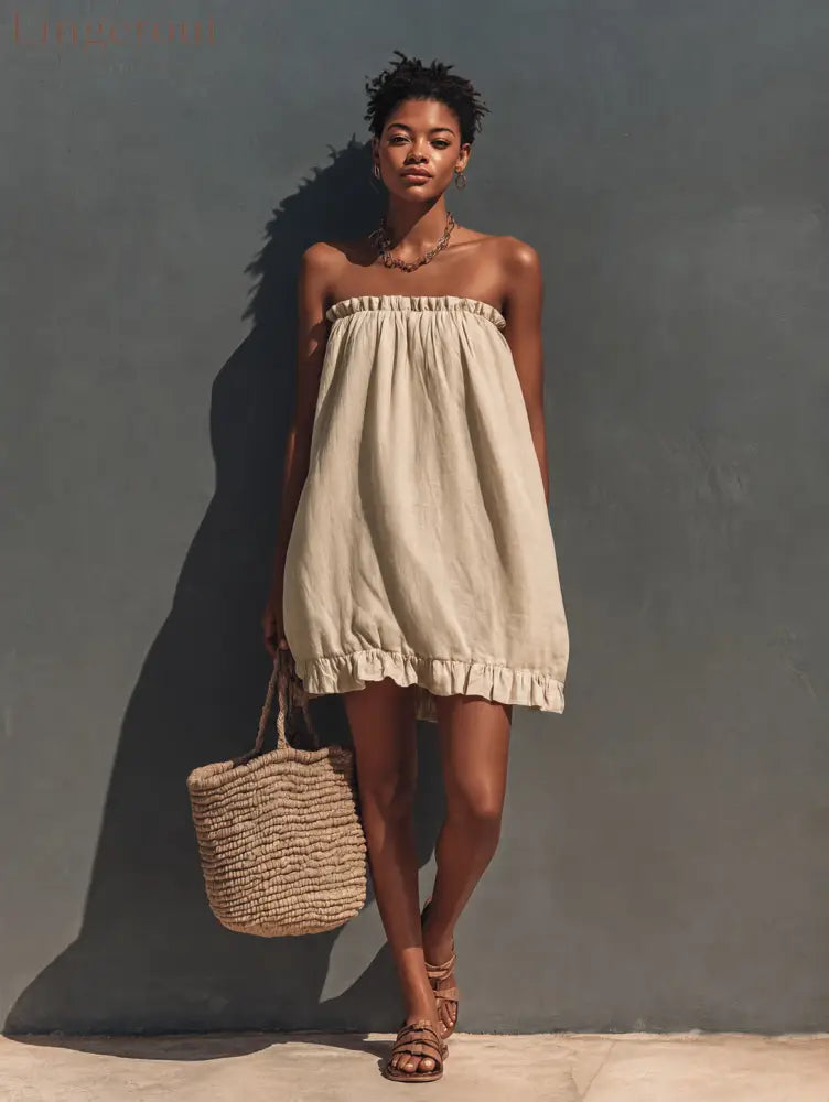 Linen Strapless Ruffle Trim Loose Tent Mini Dress - Apricot / S